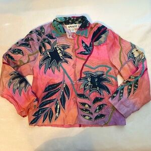 Anage Womens 100% Silk Embroidered Flowers Patchwork Jacket M palm tree pink